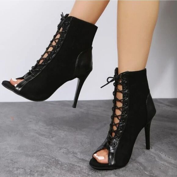 STEVE MADDEN LACE-UP FRONT PEEP TOE STILETTO HEELED  BOOTS,  SANDAL - Picture 1 of 16